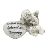 Polyresin-Engel an Herz mit Trauerspruch angeschmiegt, 15xh8cm, grau-antik, Grabschmuck, Grabdekoration - luterne.shop