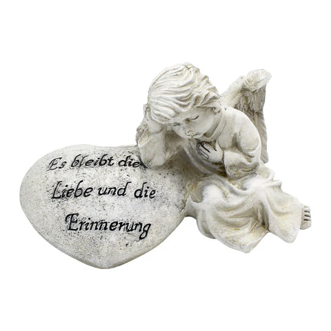 Polyresin-Engel an Herz mit Trauerspruch angeschmiegt, 15xh8cm, grau-antik, Grabschmuck, Grabdekoration - luterne.shop