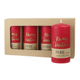 100% PURE, NATURAL WAX, Stumpenkerze „Merry Christmas“, Karminrot-Gold, WENZEL, 130/70 mm, Brenndauer ca. 52h, 100% plastikfrei, 4 Stück - luterne.shop