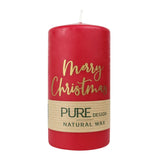 100% PURE, NATURAL WAX, Stumpenkerze „Merry Christmas“, Karminrot-Gold, WENZEL, 130/70 mm, Brenndauer ca. 52h, 100% plastikfrei, 4 Stück - luterne.shop