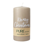 PURE NATURAL WAX, Sand-Weiß, Stumpenkerze „Merry Christmas“, WENZEL, 130/70 mm, Brenndauer ca. 47h, 100% plastikfrei, 4 Stück
