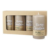 100% PURE, NATURAL WAX, Stumpenkerze „Merry Christmas“, Sand-Weiß, WENZEL, 130/70 mm, Brenndauer ca. 52h, 100% plastikfrei, 4 Stück - luterne.shop