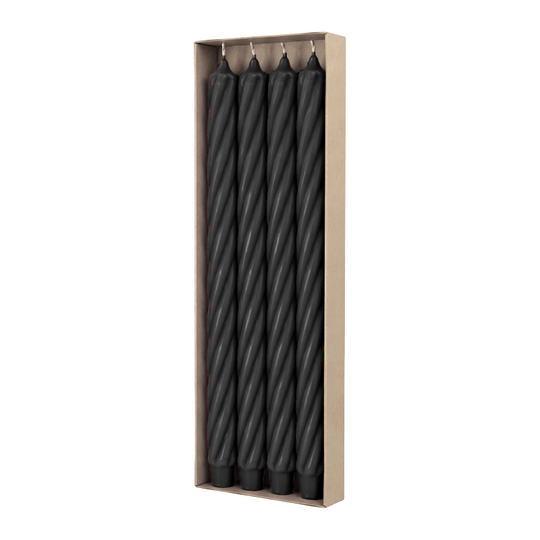 RUSTIC TWIST-Stabkerzen Schwarz, WENZEL, 350/28 mm, Brenndauer ca. 23h, 4 Stück