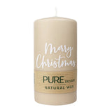 100% PURE, NATURAL WAX, Stumpenkerze „Merry Christmas“, Sahara-Weiß, WENZEL, 130/70 mm, Brenndauer ca. 52h, 100% plastikfrei, 4 Stück - luterne.shop