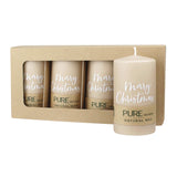 100% PURE, NATURAL WAX, Stumpenkerze „Merry Christmas“, Sahara-Weiß, WENZEL, 130/70 mm, Brenndauer ca. 52h, 100% plastikfrei, 4 Stück - luterne.shop