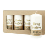 100% PURE, NATURAL WAX, Stumpenkerze "Merry Christmas“, Natural-Gold, WENZEL, 130/70 mm, Brenndauer ca. 52h, 100% plastikfrei, 4 Stück - luterne.shop