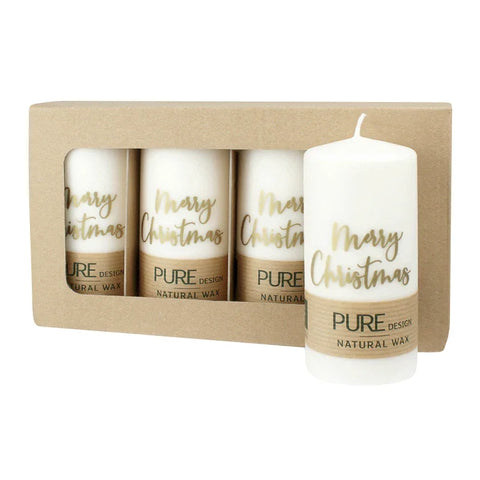 100% PURE, NATURAL WAX, Stumpenkerze "Merry Christmas“, Natural-Gold, WENZEL, 130/70 mm, Brenndauer ca. 52h, 100% plastikfrei, 4 Stück - luterne.shop