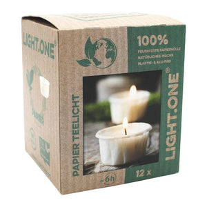 LIGHT.ONE, vegane Teelichter mit 100% Rapswachsfüllung, WENZEL, Hülle aus 100% Papier, Brenndauer ca. 6h, 25/42 mm, 100% plastikfrei, Box mit 12 Stück
