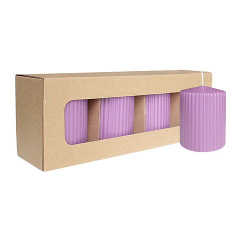 Stumpenkerze mit Rillen aus Paraffin, Flieder, WENZEL, 90/70 mm, Brenndauer ca. 44h, selbstverlöschend, 4 Stück - luterne.shop