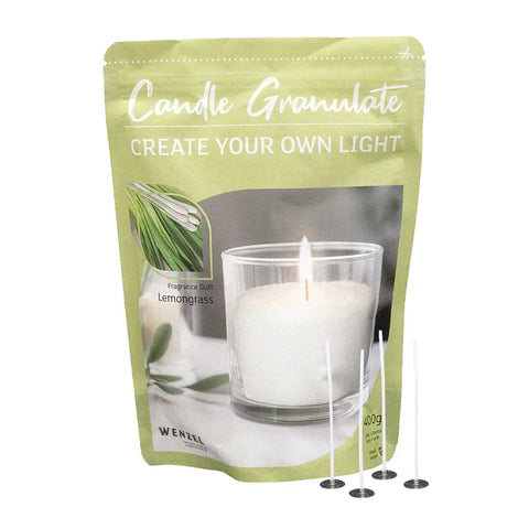 Kerzengranulat mit Duft zum Selbergießen, Lemongrass, WENZEL, inkl. 4 Dochten & Dochthaltern, 400 g - luterne.shop