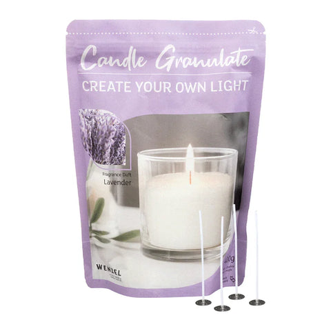 Kerzengranulat mit Duft zum Selbergießen, Lavender, WENZEL, inkl. 4 Dochten & Dochthaltern, 400 g - luterne.shop