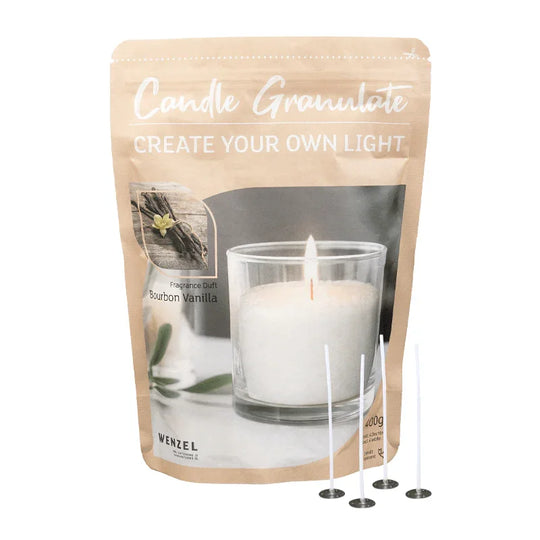 Kerzengranulat mit Duft zum Selbergießen, Bourbon Vanilla, WENZEL, inkl. 4 Dochten & Dochthaltern, 400 g