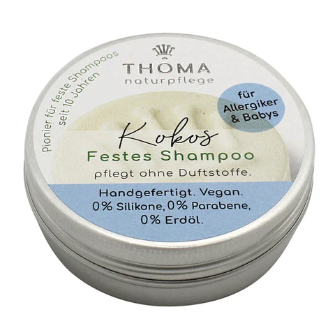 Kokos-Shampoo – vegan, THOMA Naturseifen-Manufaktur, ohne Duft für Allergiker, 55 g, handgefertigt, Aludose, Haarpflege - luterne.shop