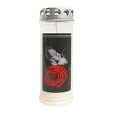 Grabkerzen mit Motiv „Rose/Engel“ – 3er-Set, wetterfest, mit Thermo-Doppeldeckel