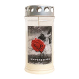 Grabkerzen mit Motiv „Rose auf Stein“ – 3er-Set, wetterfest, mit Thermo-Doppeldeckel