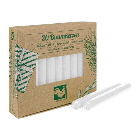 Baumkerzen aus Paraffin, 110/13 mm, Weiß, KERZENFARM HAHN, Brenndauer ca. 2h, 20 Stück pro Verpackung
