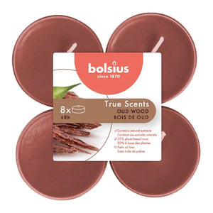Duft-Maxilichter, Oud Wood, True Scents, BOLSIUS, Ø60 mm, Brenndauer ca. 8h, 8 Stück pro Verpackung