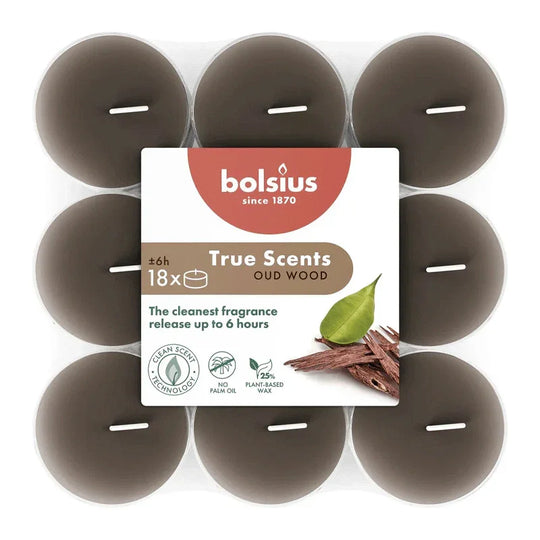 Duft-Teelichter, Oud Wood, True Scents, BOLSIUS, Ø39 mm, Brenndauer ca. 6h, 18 Stück pro Verpackung