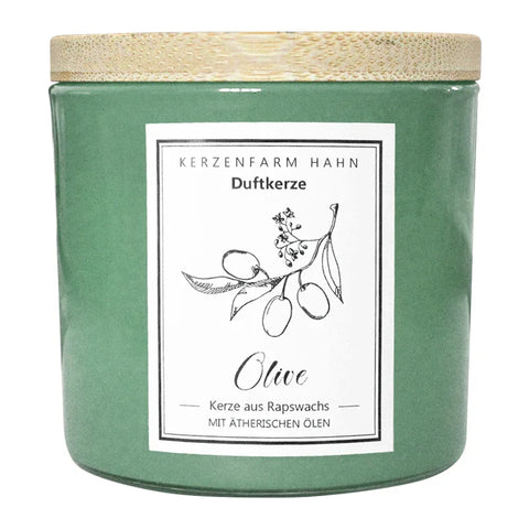Duftkerze im Glas, Olive, 100% pflanzliches Rapswachs, KERZENFARM HAHN, mit reinen ätherischen Ölen, Brenndauer ca. 17h - luterne.shop