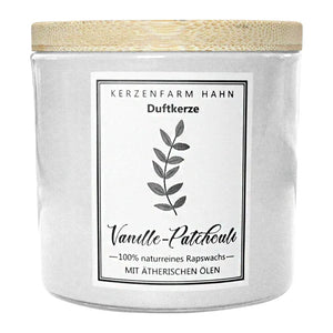 Duftkerze im Glas, Vanille-Patchouli, 100% pflanzliches Rapswachs, KERZENFARM HAHN, mit reinen ätherischen Ölen, Brenndauer ca. 17h