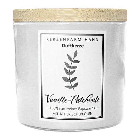 Duftkerze im Glas, Vanille-Patchouli, 100% pflanzliches Rapswachs, KERZENFARM HAHN, mit reinen ätherischen Ölen, Brenndauer ca. 17h - luterne.shop