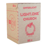 LIGHT.ONE CHURCH, vegane Opferlichter mit 100% Rapswachsfüllung, WENZEL, Hülle aus 100% Papier, Brenndauer ca. 3,5h, 25/42 mm, 100% plastikfrei, Box mit 50 Stück - luterne.shop