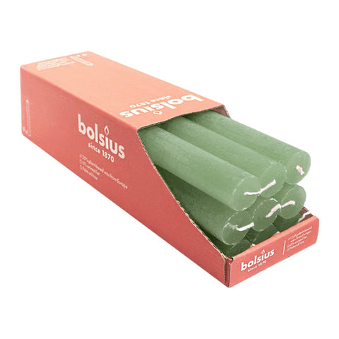 Stabkerzen Rustik, 23/270 mm, Olivgrün, BOLSIUS, Brenndauer ca. 13h, 9 Stück pro Verpackung - luterne.shop