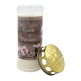 MEMORIAM-Motivkerze „Ruhe in Frieden", Nr. 615, AETERNA, mit Golddeckel, 75/210 mm, 30% Ölgehalt, Brenndauer 7 Tage, Lieferumfang 3 Stück, Grabkerzen - luterne.shop