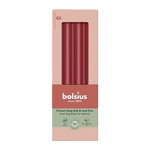 Stabkerzen, Samtrot, BOLSIUS Essentials, 20/230 mm, Brenndauer ca. 8h, 8 Stück pro Verpackung, Torpedokerzen, Dinnerkerzen
