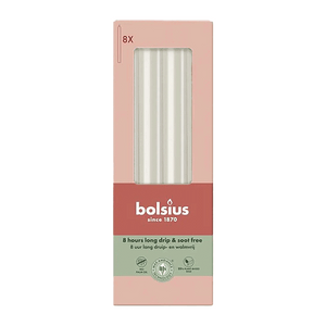 Stabkerzen, Wolkiges Weiß, BOLSIUS Essentials, 20/230 mm, Brenndauer ca. 8h, 8 Stück pro Verpackung, Torpedokerzen, Dinnerkerzen