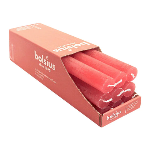Stabkerzen Rustik, 23/270 mm, Zartes Rot, BOLSIUS, Brenndauer ca. 13h, 9 Stück pro Verpackung - luterne.shop