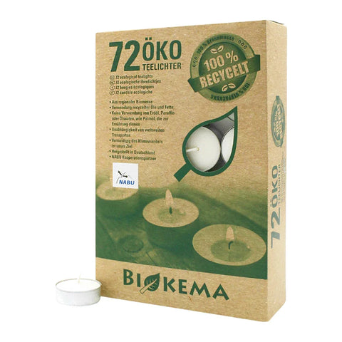 100% ÖKO-TEELICHTER aus regionaler Bio-Masse, BIOKEMA, Ø38 mm, Brenndauer ca. 4h, mit Aluminiumhülle, 72 Stück pro Verpackung - luterne.shop
