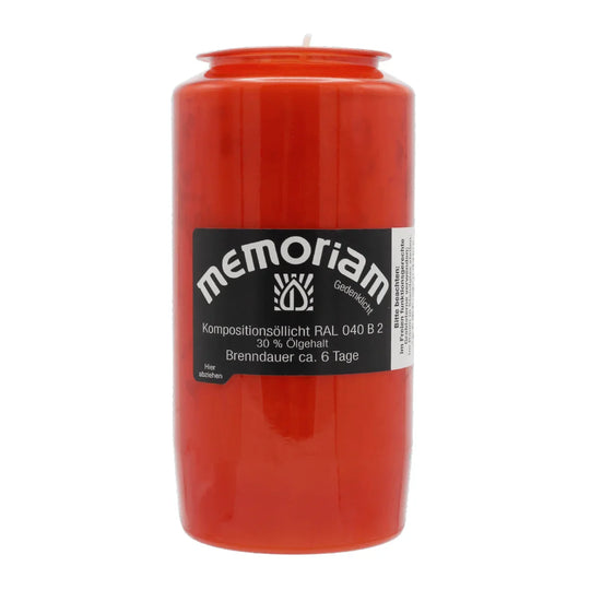 MEMORIAM-Kompositionsöllicht, Rot, Nr. 73, AETERNA, 30% Ölgehalt, Brenndauer ca. 6 Tage, 136/68 mm, Karton mit 20 Stück