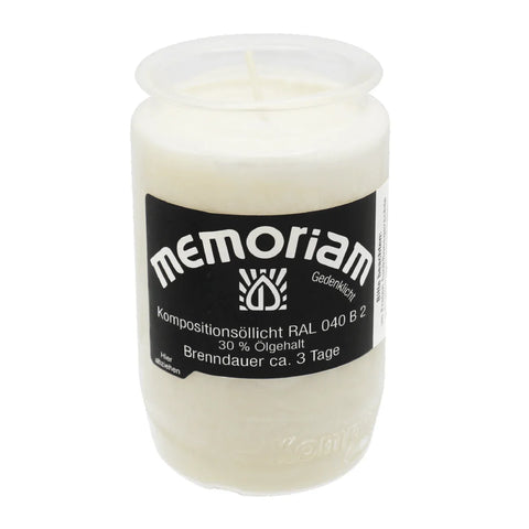 MEMORIAM-Kompositionsöllicht, Weiß, Nr. 333, AETERNA, 30% Ölgehalt, Brenndauer ca. 3 Tage, 95/58 mm, Karton mit 20 Stück - luterne.shop