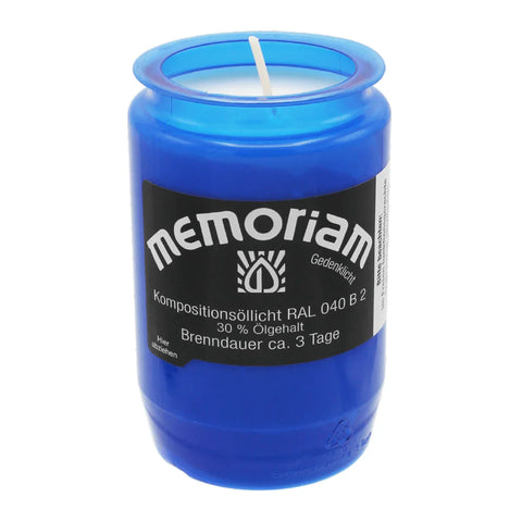 MEMORIAM-Kompositionsöllicht, Blau, Nr. 336, AETERNA, 30% Ölgehalt, Brenndauer ca. 3 Tage, 95/58 mm, Karton mit 20 Stück - luterne.shop