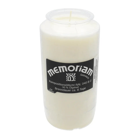 MEMORIAM-Kompositionsöllicht, Weiß, Nr. 733, AETERNA, 30% Ölgehalt, Brenndauer ca. 6 Tage, 136/68 mm, Karton mit 20 Stück - luterne.shop