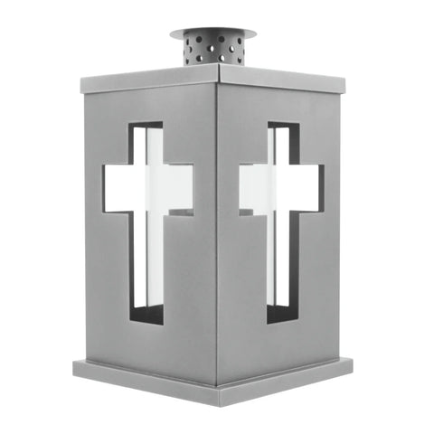 Grablaterne mit Kreuzmotiv & Dach zum Hinstellen, grau, ca. 13x13x21,5 cm, Grabschmuck, Grabdekoration - luterne.shop