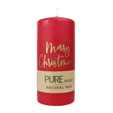 100% PURE, NATURAL WAX, Stumpenkerze „Merry Christmas“, Karminrot-Gold, WENZEL, 130/60 mm, Brenndauer ca. 41h, 100% plastikfrei, 4 Stück - luterne.shop