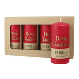 100% PURE, NATURAL WAX, Stumpenkerze „Merry Christmas“, Karminrot-Gold, WENZEL, 130/60 mm, Brenndauer ca. 41h, 100% plastikfrei, 4 Stück - luterne.shop