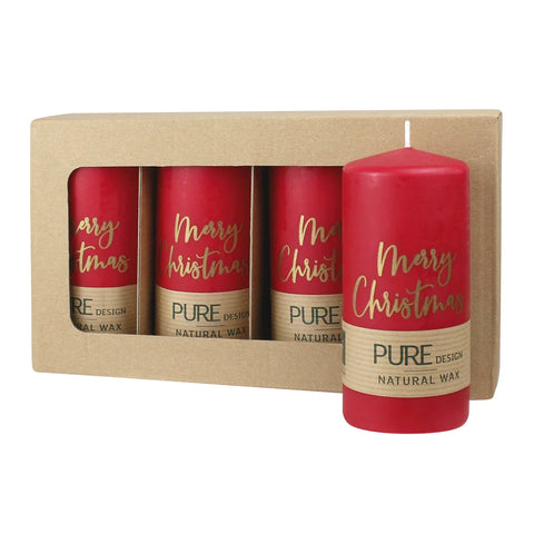 100% PURE, NATURAL WAX, Stumpenkerze „Merry Christmas“, Karminrot-Gold, WENZEL, 130/60 mm, Brenndauer ca. 41h, 100% plastikfrei, 4 Stück - luterne.shop