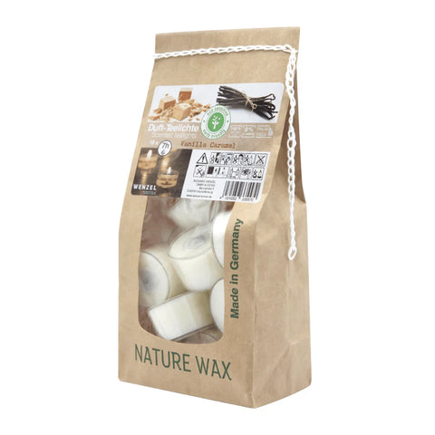 Duftteelichter, Vanilla Caramel, 100% NATURAL WAX, WENZEL, 25/41 mm, Brenndauer ca. 7h, Beutel mit 18 Stück - luterne.shop