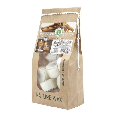 Duftteelichter, Cinnamon & Spices, 100% NATURAL WAX, WENZEL, 25/41 mm, Brenndauer ca. 7h, Beutel mit 18 Stück - luterne.shop