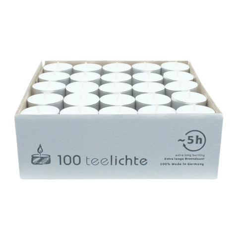 Teelichter, weiß, WENZEL, 18/38 mm, mit Aluminiumhülle, Brenndauer ca. 5h, 100 Stück - luterne.shop