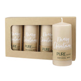100% PURE, NATURAL WAX, Stumpenkerze „Merry Christmas“, Sahara-Weiß, WENZEL, 130/60 mm, Brenndauer ca. 41h, 100% plastikfrei, 4 Stück - luterne.shop