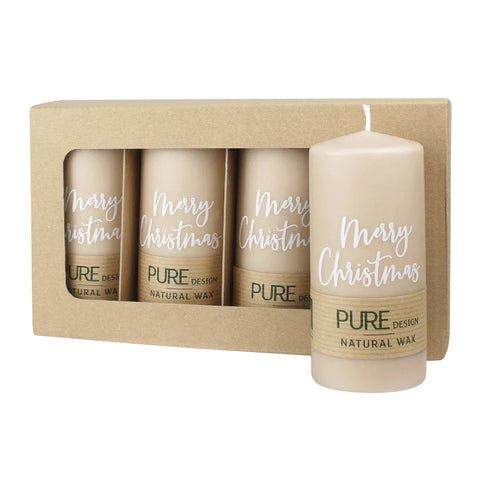 100% PURE, NATURAL WAX, Stumpenkerze „Merry Christmas“, Sahara-Weiß, WENZEL, 130/60 mm, Brenndauer ca. 41h, 100% plastikfrei, 4 Stück - luterne.shop