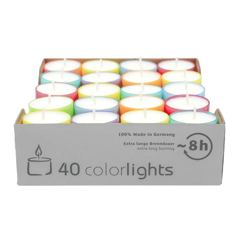 Colorlights Summer-Edition, WENZEL-Teelichter, Brenndauer ca. 8h, 24/38 mm, 40 Stück pro Verpackung - luterne.shop