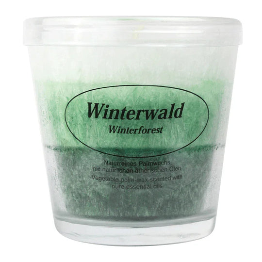 Duftkerze im Glas, Winterwald, 100% pflanzliches Stearin, KERZENFARM HAHN, mit reinen ätherischen Ölen, Brenndauer ca. 24h