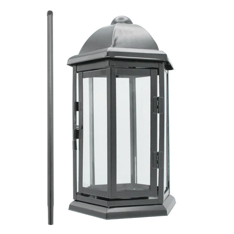 Sechseckige schwarze Stahlblechlaterne mit Erdspieß - luterne.shop