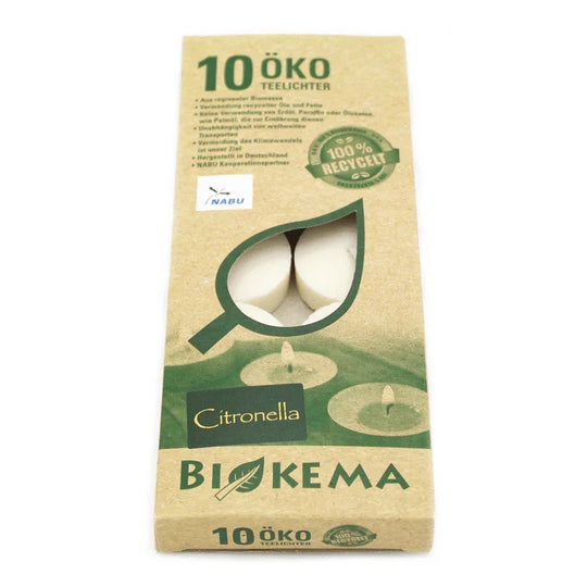 Citronella Öko-Teelichter Ø38 mm, BIOKEMA, ohne Alu-Hülle, Brenndauer ca. 4h, 10 St.