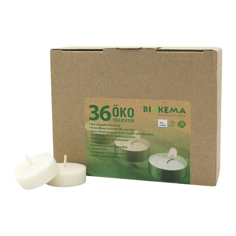 100% ÖKO-TEELICHTER aus regionaler Bio-Masse, BIOKEMA, Ø38 mm, Brenndauer ca. 4h, ohne Aluminiumhülle, 36 Stück pro Verpackung - luterne.shop